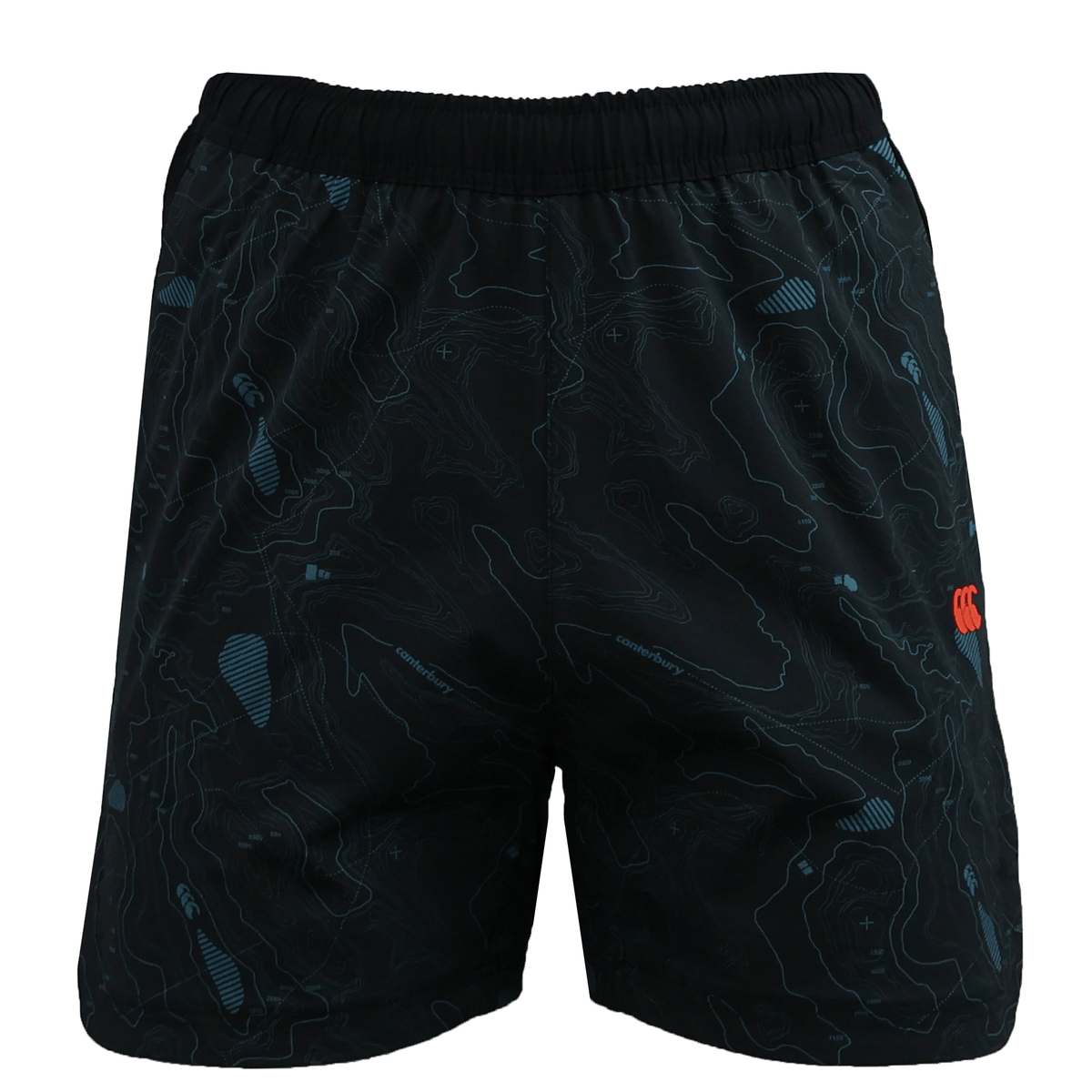 The Canterbury Tempo+Woven 5" Short for men has a subtle topographic pattern, elastic waistband, and small orange logo on the left thigh. These lightweight, breathable gym shorts are perfect for any workout.