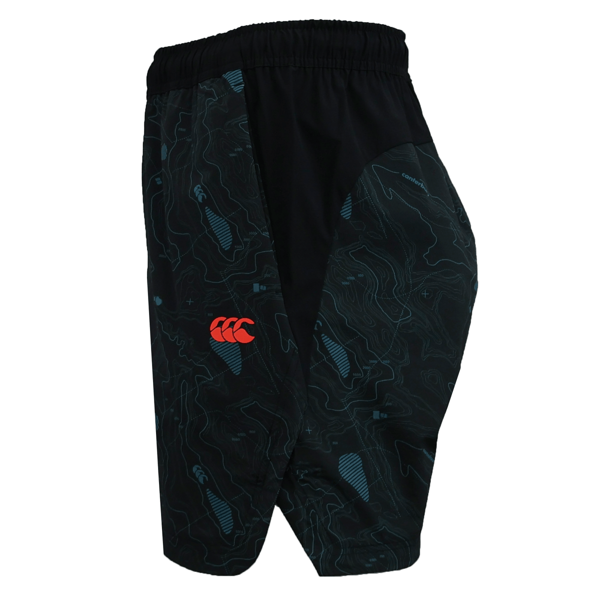 The Canterbury Tempo+Woven 5" Short for men features a blue abstract pattern, elastic waistband, red Canterbury logo on the left thigh, and breathable fabric—perfect gym shorts combining comfort and style for any workout.