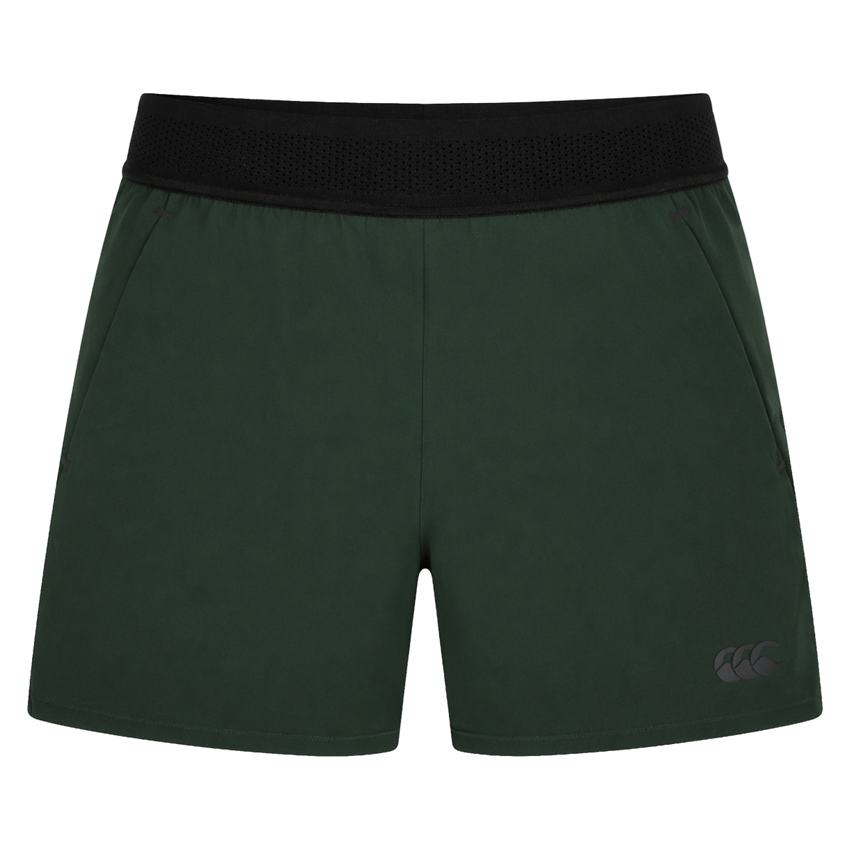 Canterbury Everest Woven Short 5" in dark green features a black elastic waistband, side pockets, and four-way stretch fabric for comfort and mobility, shown on a plain white background.