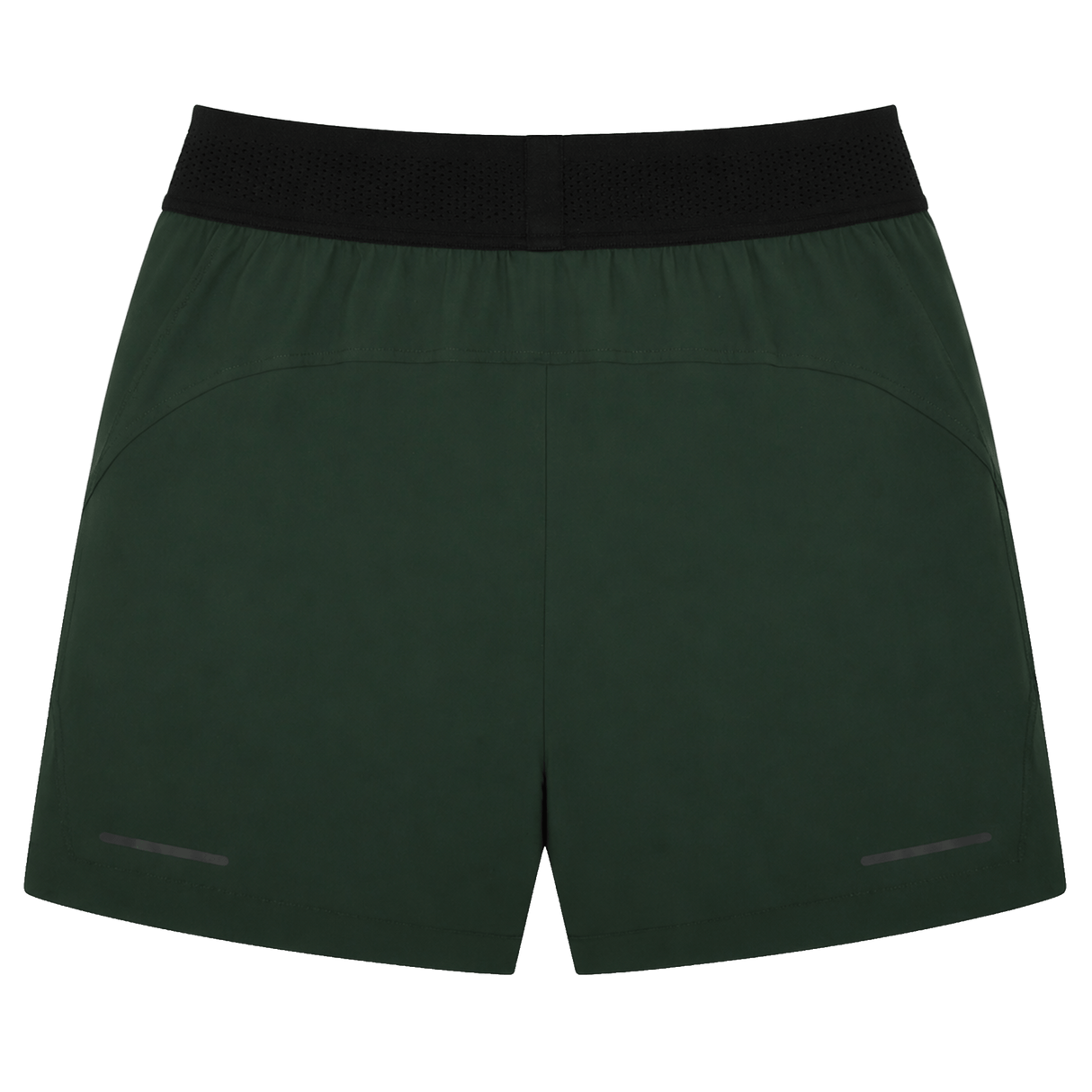 The Canterbury Everest Woven Short 5" in dark green has a black elastic waistband, subtle seam details, and two small reflective strips near the hem. Made from four-way stretch fabric, it's designed for optimal comfort during performance training.
