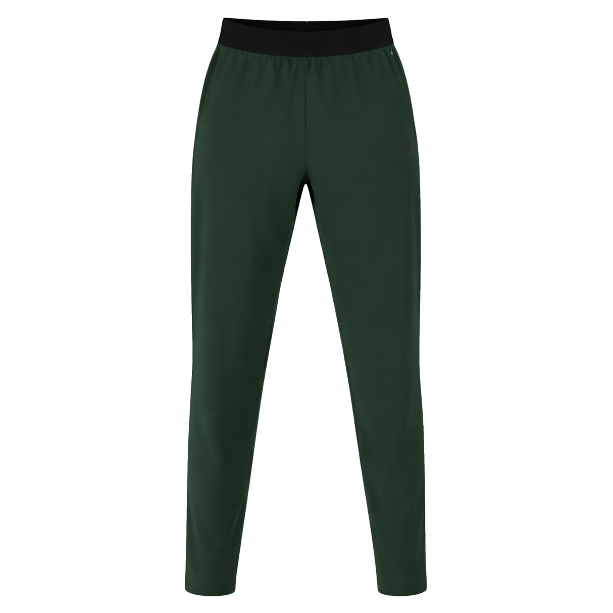The Canterbury Everest Woven Pant 30" in dark green features a black elastic waistband, sweat-wicking fabric, and four-way stretch for comfort, shown on a white background.