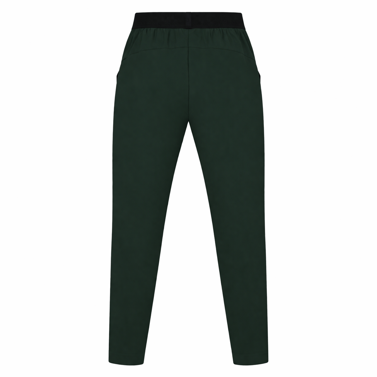 Back view of the Canterbury Everest Woven Pant 30" in dark green by Canterbury, featuring an elastic black waistband, side pockets, and sweat-wicking fabric.