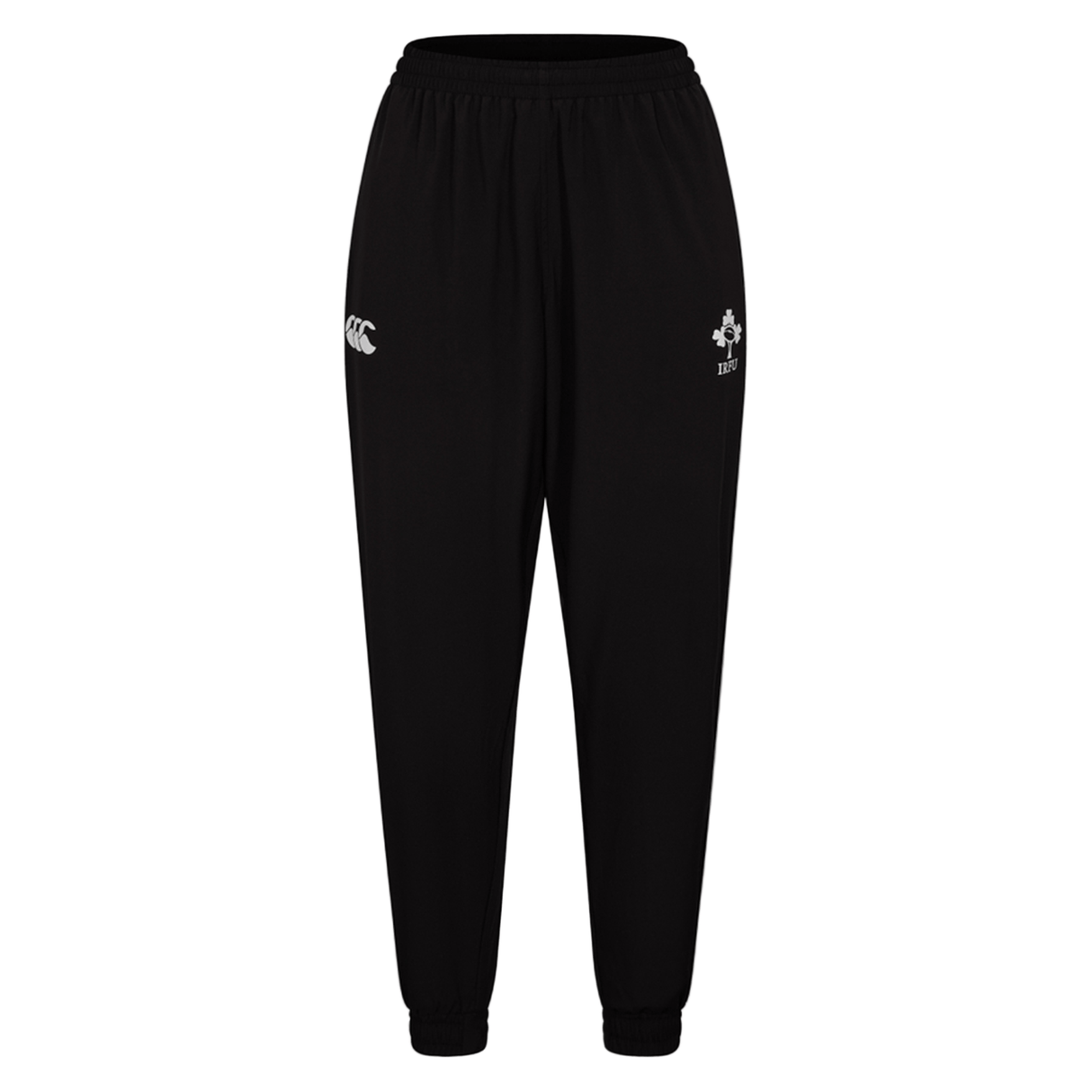 The Women's Ireland 25/26 Training Pant by Canterbury features an elastic waistband, ankle cuffs, and two white embroidered logos—perfect for comfort and style during Ireland training sessions.