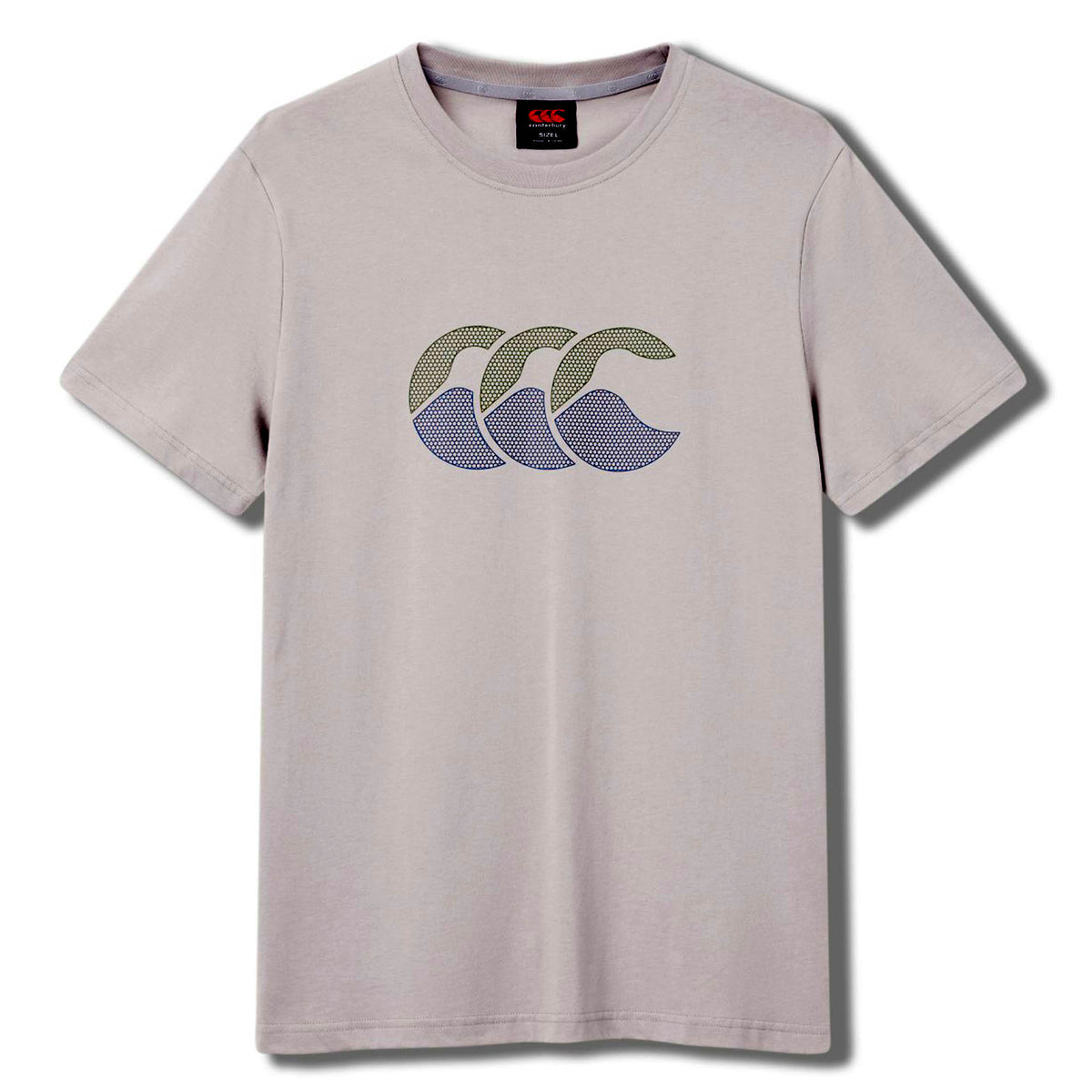 The Canterbury Fundamentals T-shirt by Canterbury is a light gray short-sleeve tee, featuring three stylized wave graphics in green and blue across the chest—ideal for athletic casual wear.