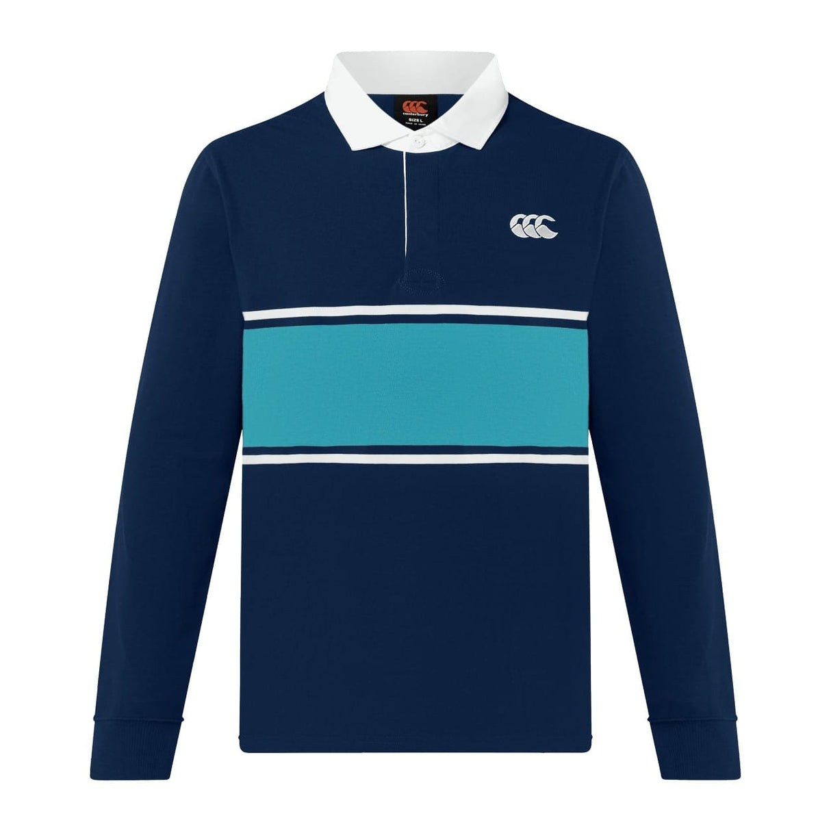 The Canterbury Stripe Rugby Jersey by Canterbury features long sleeves, a navy base with a light blue horizontal chest stripe, a white collar, and a white logo on the upper left side.