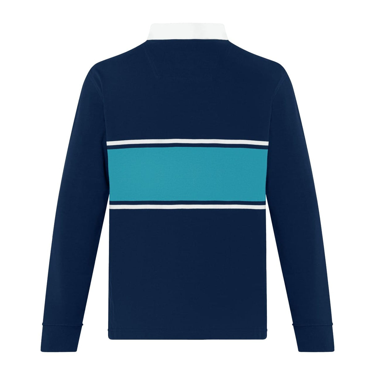 The Canterbury Stripe Rugby Jersey by Canterbury features navy blue fabric, a white collar, and a wide turquoise stripe bordered by thin white stripes across the chest and back.