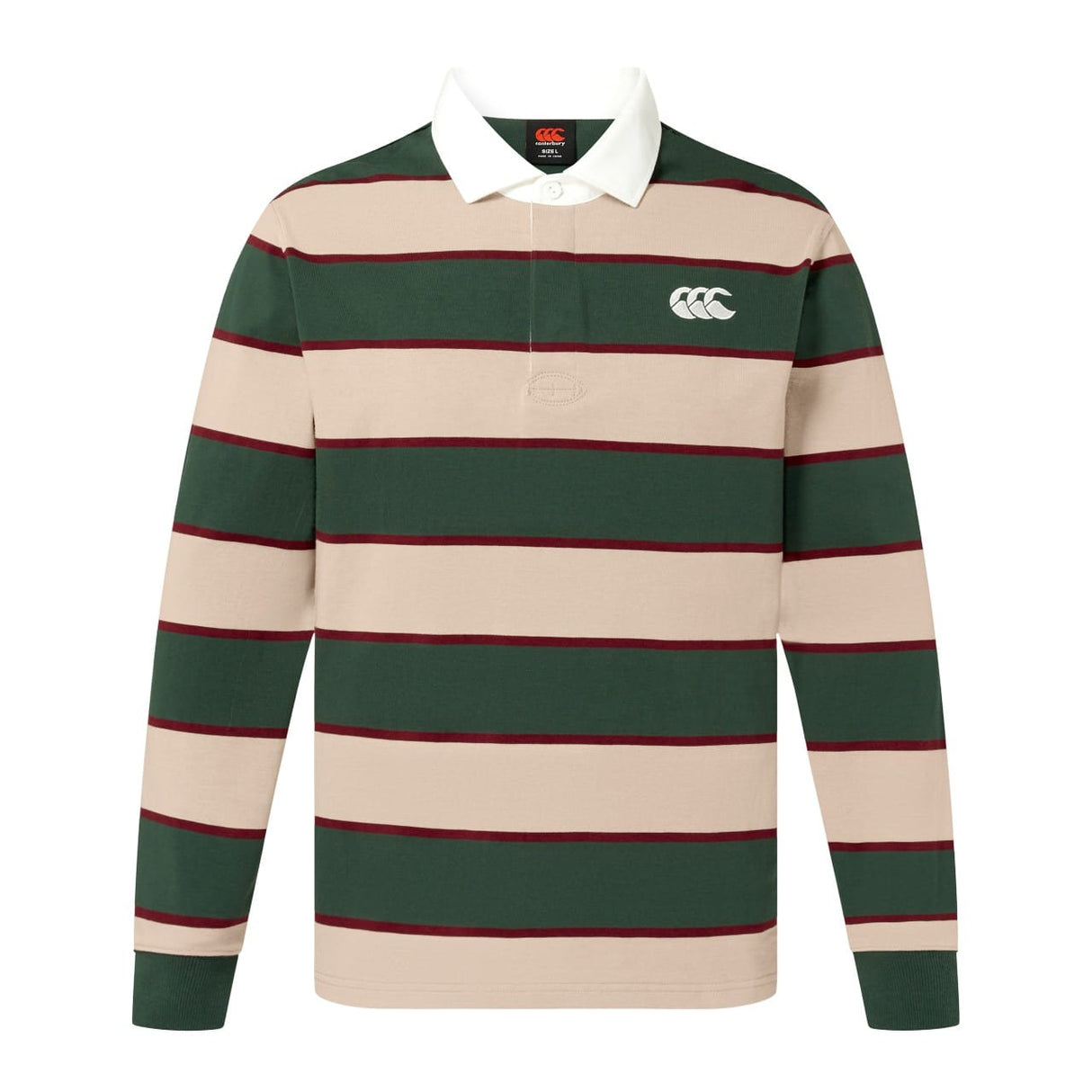 The Canterbury Stripe Rugby Jersey by Canterbury features wide beige and dark green stripes, thin red stripes, a white collar, and a white chest logo.