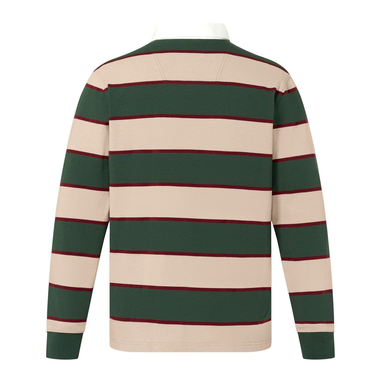 The Canterbury Stripe Rugby Jersey by Canterbury features wide beige and dark green horizontal stripes with thin maroon lines, shown from the back in a long-sleeve design.