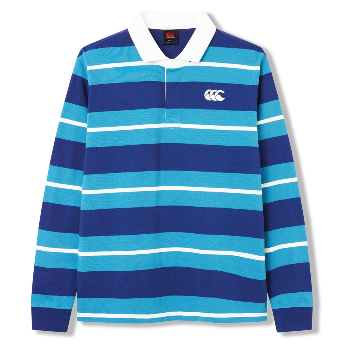 The Canterbury Stripe Classic Rugby Jersey by Canterbury features blue, navy, and turquoise stripes, a white collar, and left chest logo. Made from a durable cotton blend for lasting comfort.