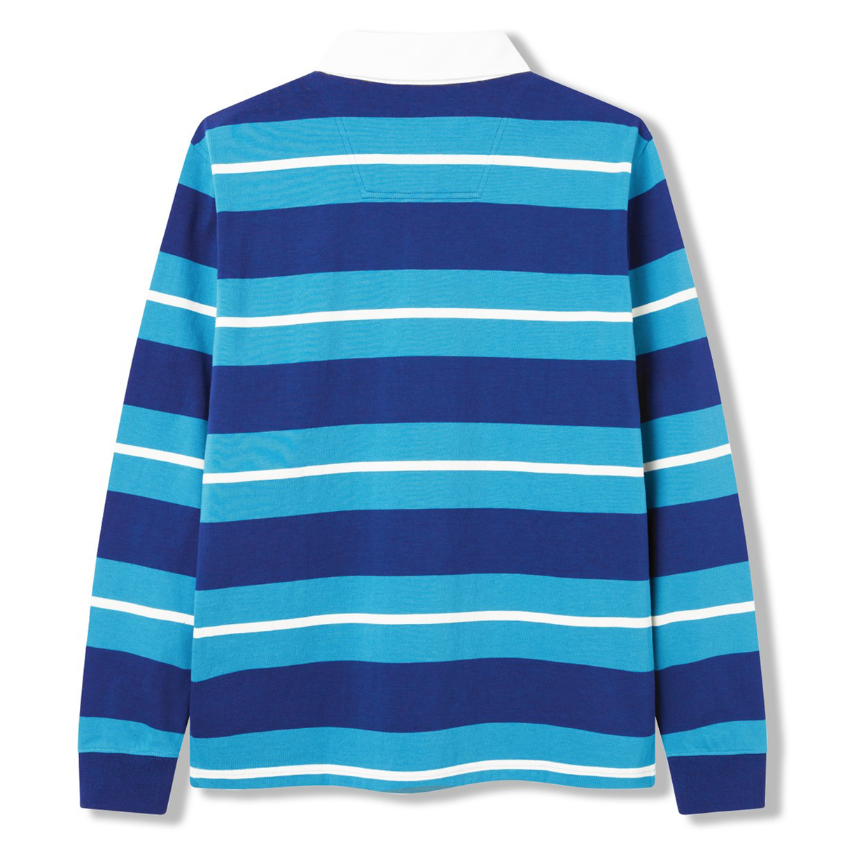Back view of the Canterbury Stripe Classic Rugby Jersey by Canterbury, featuring horizontal blue and white stripes, a classic white collar, and a durable cotton blend construction.