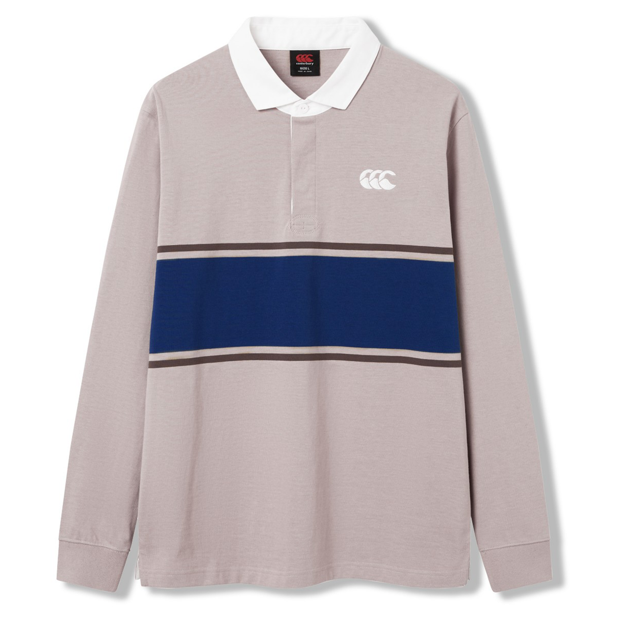The Canterbury Stripe Classic Rugby Jersey by Canterbury is a long-sleeve, light gray rugby shirt with a white collar, navy horizontal stripe, and white chest logo, crafted from a durable cotton blend for comfort and style.