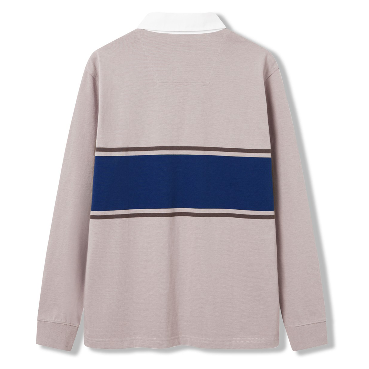 The Canterbury Stripe Classic Rugby Jersey by Canterbury is a long-sleeve, light mauve top made from a durable cotton blend, featuring a white collar and wide navy stripe across the back bordered by thin black stripes.