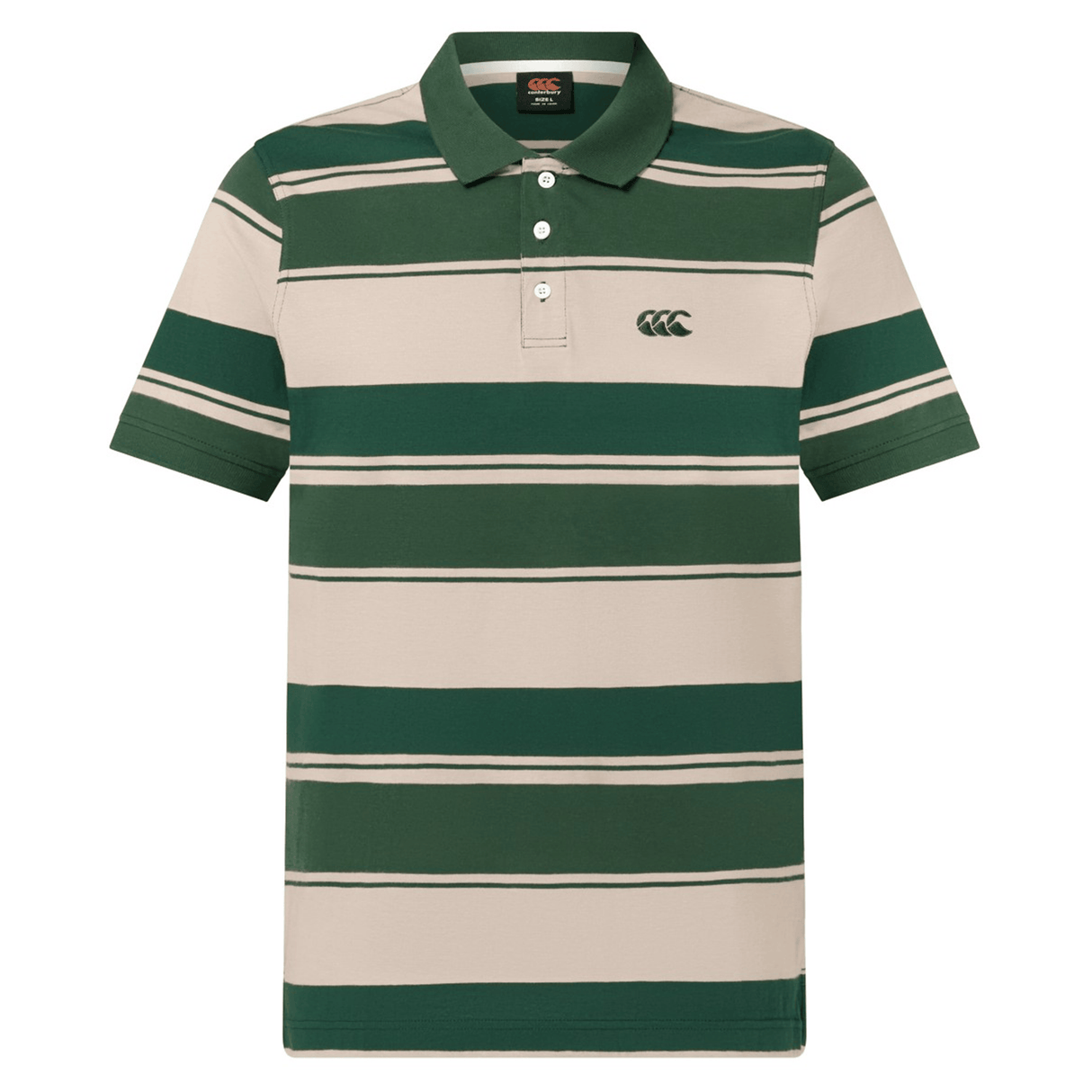 The Canterbury Yarn Stripe Polo by Canterbury features green and beige stripes, a collared short-sleeve design, three buttons, and an embroidered logo on the left chest for a classic rugby-inspired style.