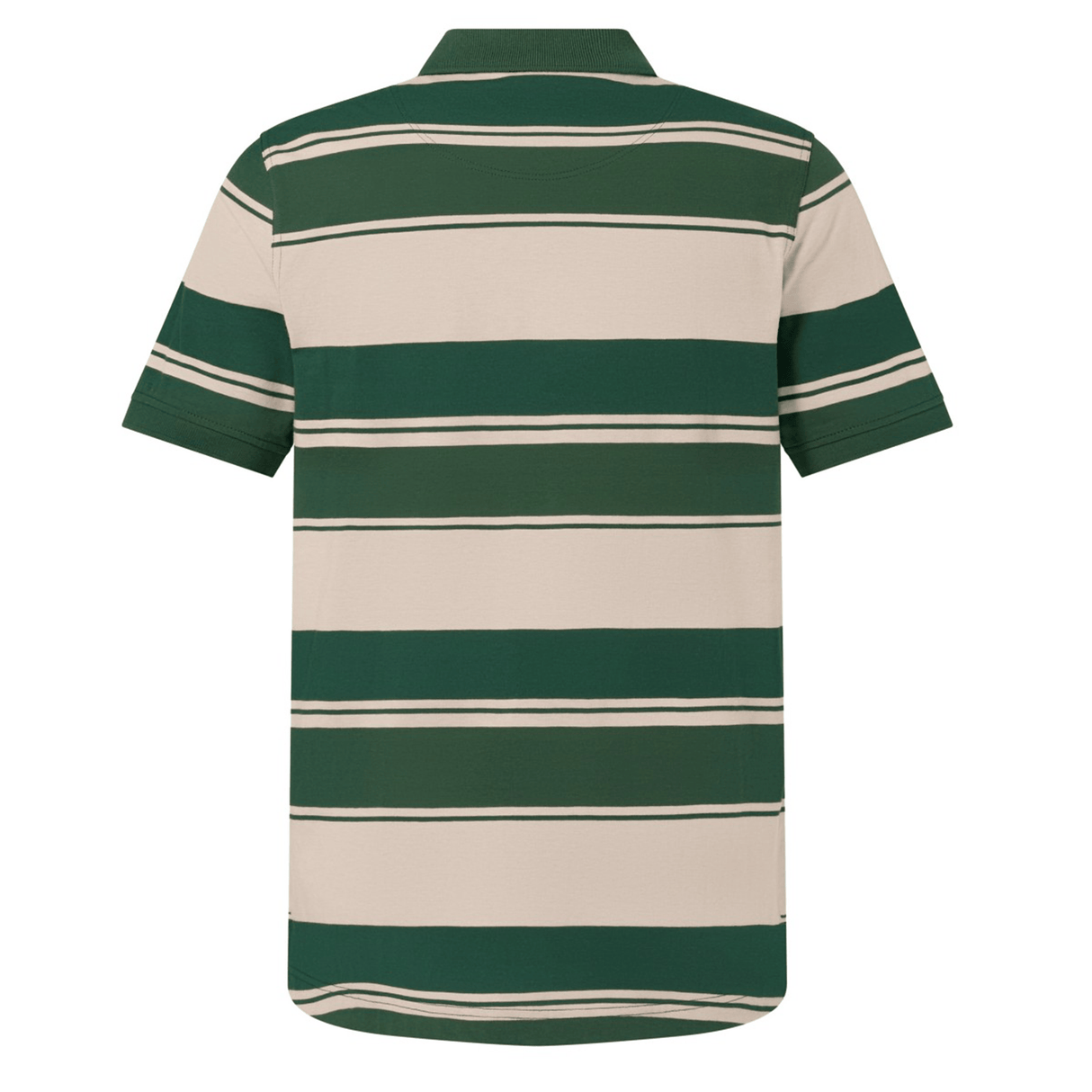 The Canterbury Yarn Stripe Polo by Canterbury is a short-sleeve rugby polo featuring wide green and beige horizontal stripes in classic rugby style, shown from the back.