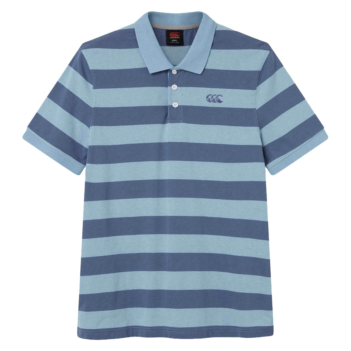The Canterbury Yarn Stripe Polo by Canterbury is a short-sleeved rugby polo shirt featuring wide horizontal blue and light blue stripes, a traditional collar, and three white buttons on the placket, capturing the classic rugby style.