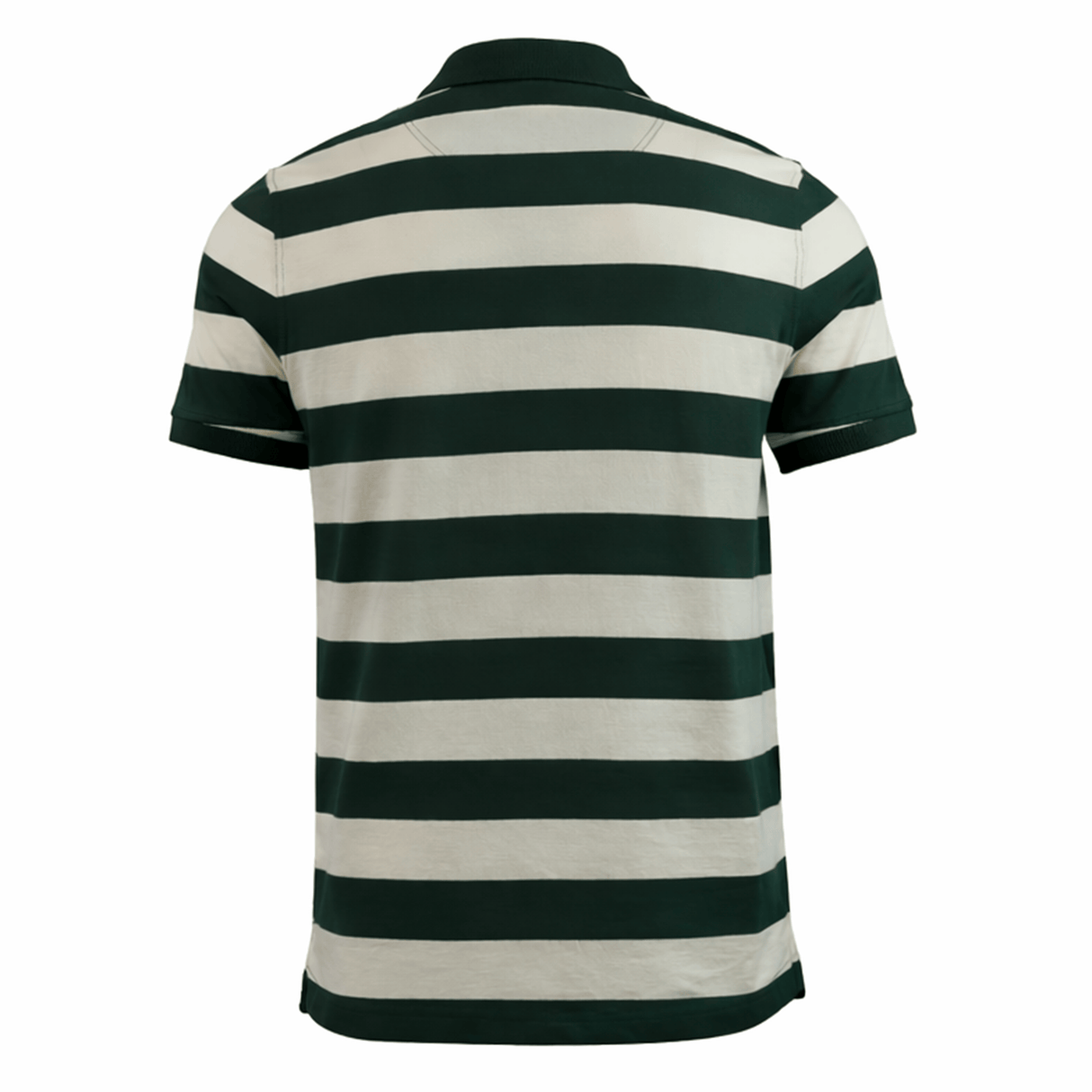 The Canterbury Yarn Stripe Polo by Canterbury features wide green and white horizontal stripes and short sleeves, shown from the back for a classic rugby-inspired look.