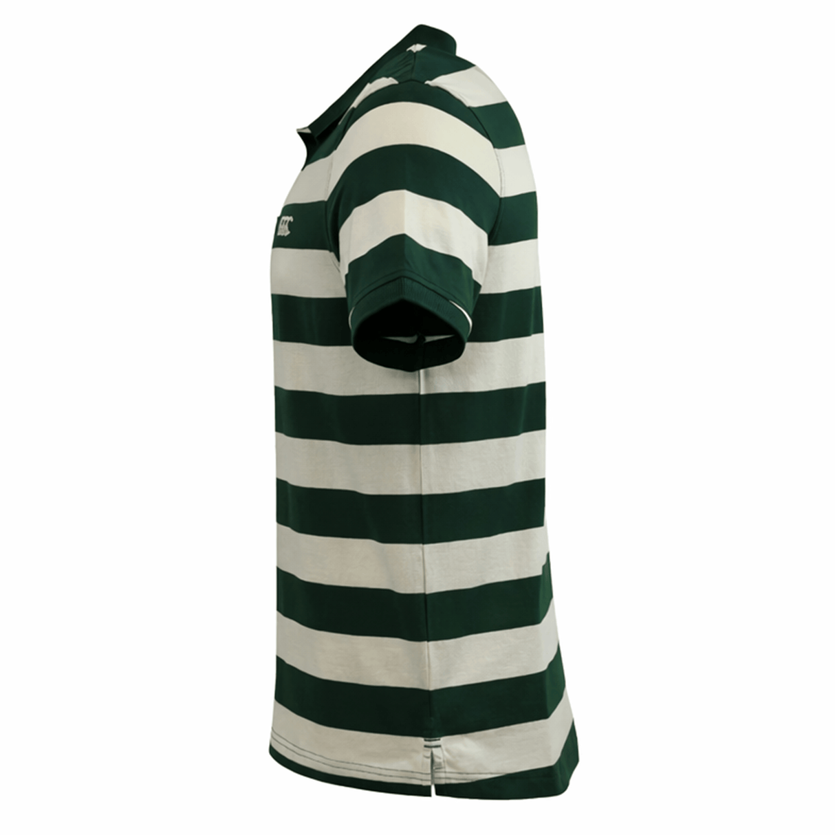 Side view of the Canterbury Yarn Stripe Polo by Canterbury, showcasing wide green and white horizontal stripes and a classic rugby-style collar.