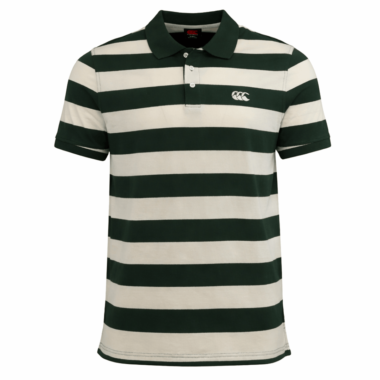 The Canterbury Yarn Stripe Polo by Canterbury features green and white horizontal stripes, a collar, button placket, short sleeves, and an embroidered left chest logo for a classic rugby-inspired look.