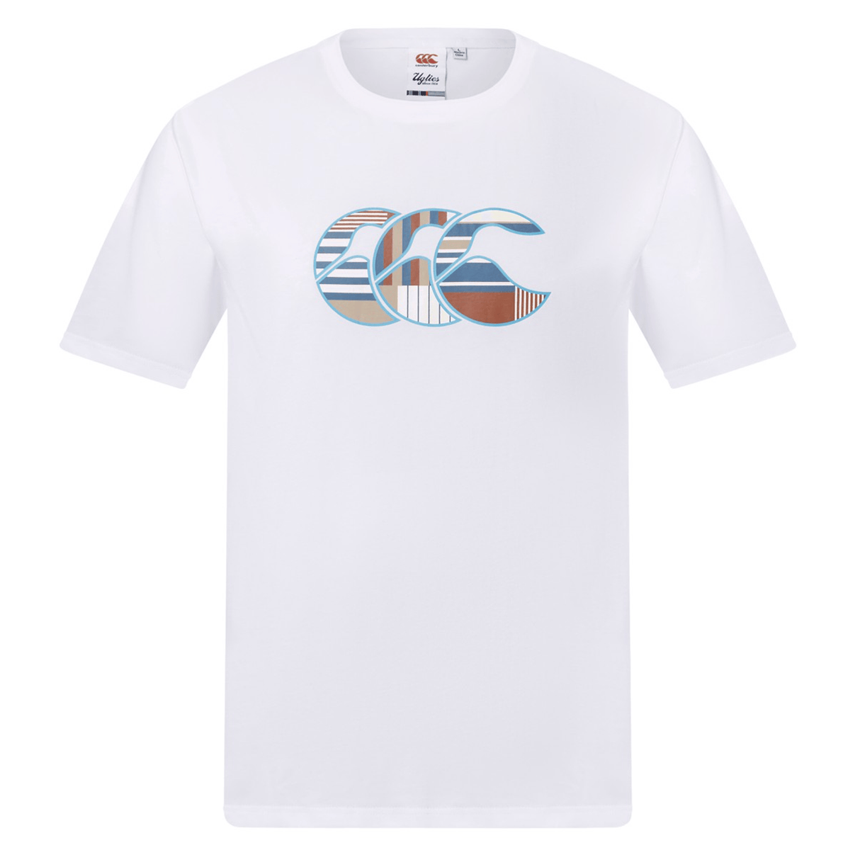The Canterbury Uglies Logo T-shirt by Canterbury is a white cotton blend tee featuring a large stylized blue, brown, and gray striped logo graphic on the chest.