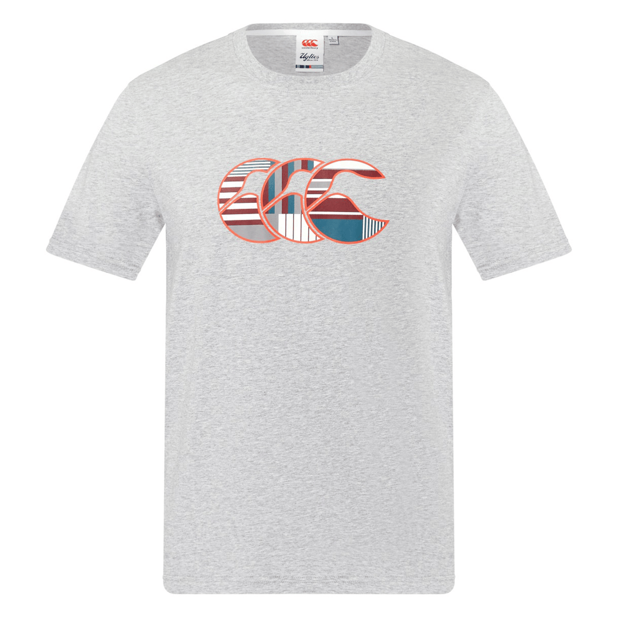 The Canterbury Uglies Logo T-shirt by Canterbury is a light grey cotton blend tee featuring a bold, multicolored Uglies logo with striped pattern across the chest.