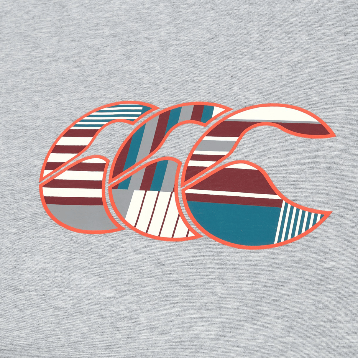 The Canterbury Uglies Logo T-shirt by Canterbury features three overlapping “C” shapes in teal, maroon, white, and gray with striped and geometric patterns on a light gray cotton blend.