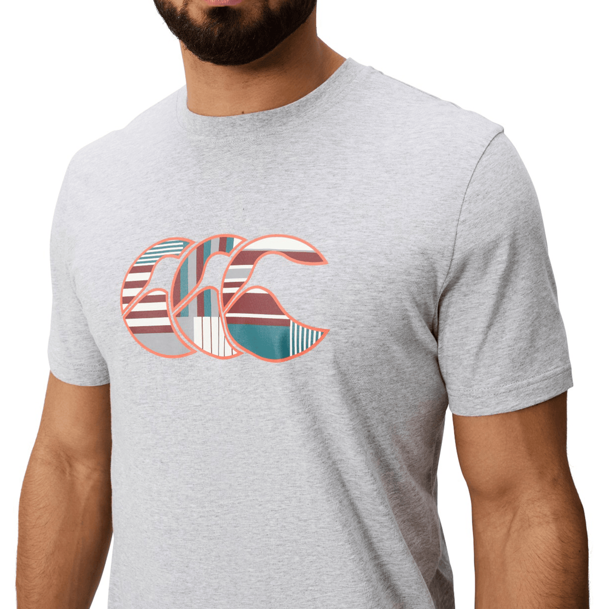 A man wears a light gray Canterbury Uglies Logo T-shirt, made from a cotton blend and featuring the iconic multicolored striped logo design on the front.