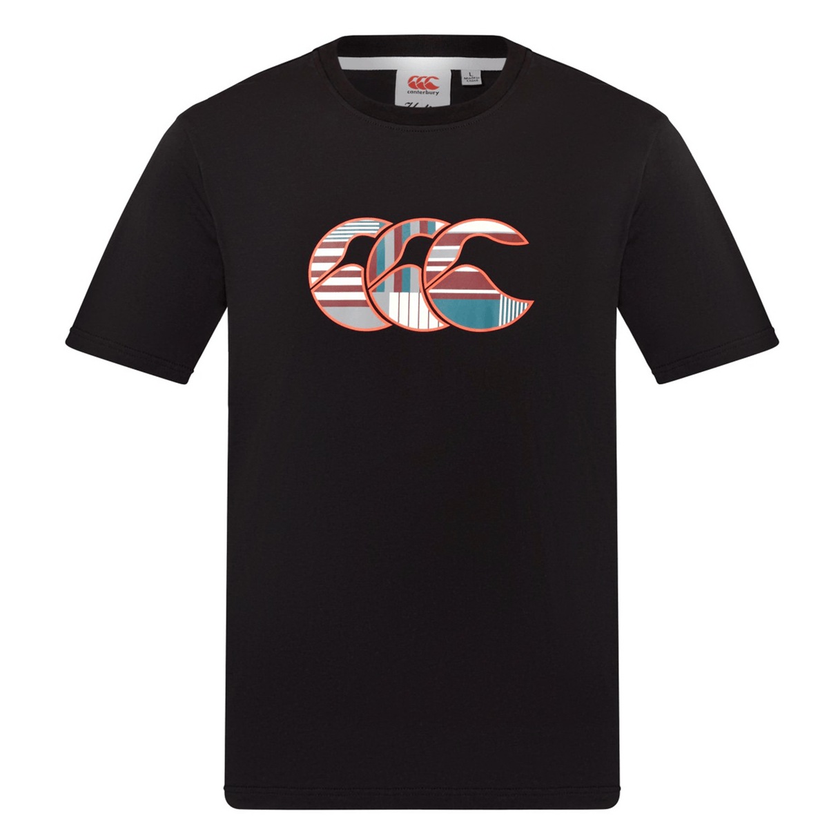 The Canterbury Uglies Logo T-shirt is a black, short-sleeve cotton-blend tee featuring a multicolored Uglies logo on the chest and a small neckline tag, inspired by classic Canterbury rugby shirt style.