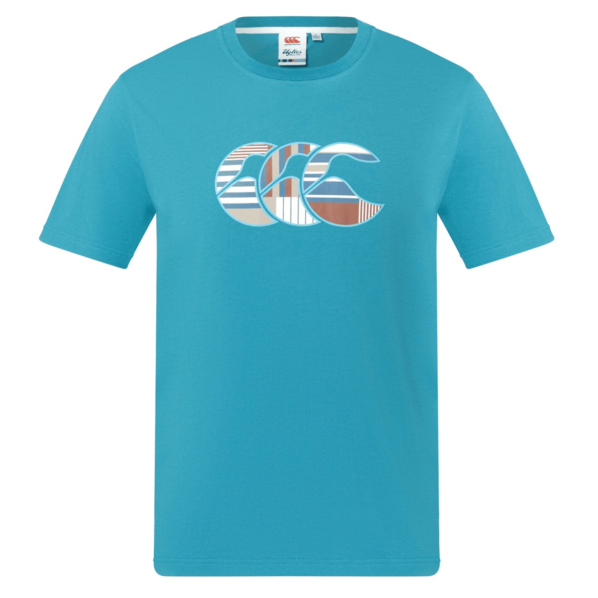 The Canterbury Uglies Logo T-shirt by Canterbury is a turquoise cotton blend tee, featuring a multicolored stylized wave logo with stripes and patterns on the chest, inspired by the classic Uglies design.