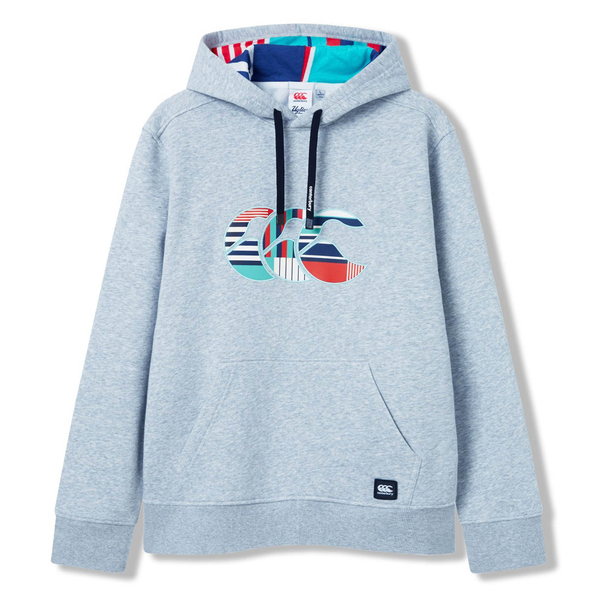 The Canterbury Uglies Logo Hoodie by Canterbury features a light grey color, a multicolored striped “CCC” logo on the chest, and a small black logo patch on the lower front. Inspired by classic rugby style, this hoodie also boasts a vibrant, colorful lining inside the hood for added personality.