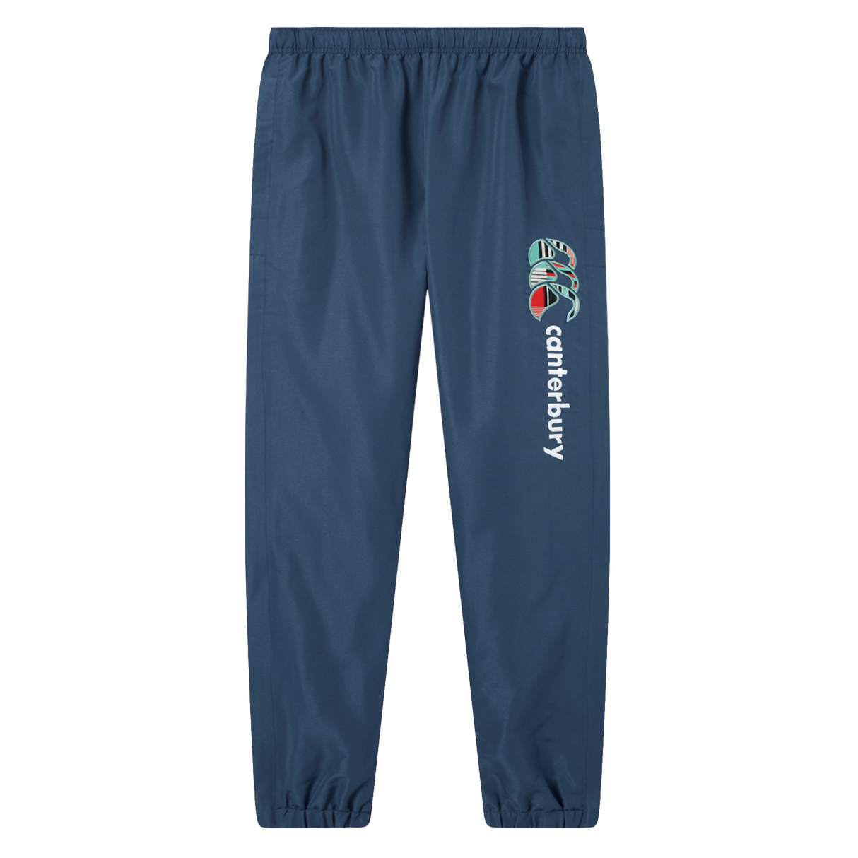 Canterbury Uglies 32" Stadium Pant in navy blue with elastic waistband and cuffs, plus a multicolored Canterbury logo on the left thigh—ideal rugby pants for athletic performance.