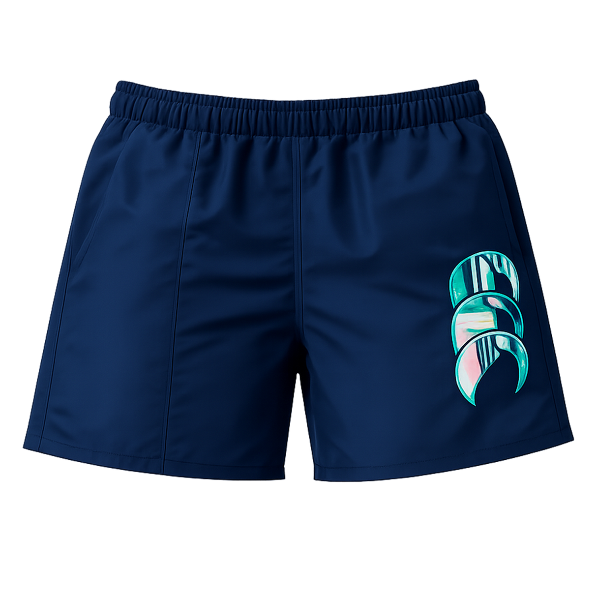 Canterbury Women's Uglies Tactic Shorts in navy blue feature an elastic waistband and a vibrant multicolored claw logo on the left leg—ideal for performance training sessions.