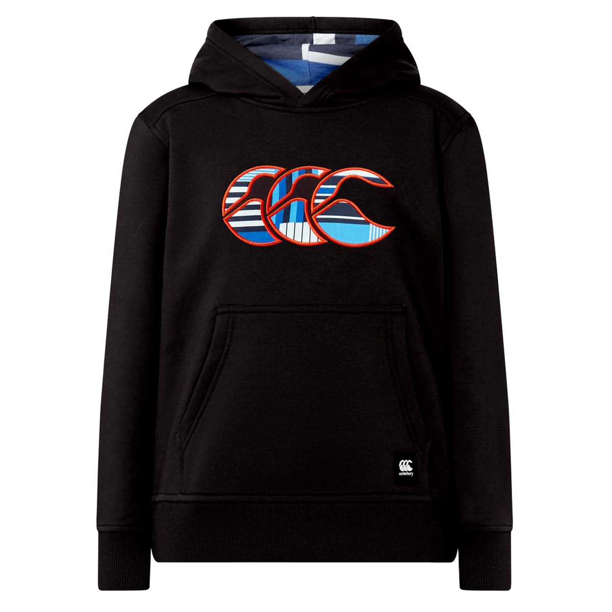 Canterbury Youth Uglies Logo Hoodie by Canterbury—a black hoodie featuring a vibrant, embroidered Uglies logo on the chest and a front kangaroo pocket, shown against a white background—ideal for bringing rugby flair to any youth rugby hoodie collection.
