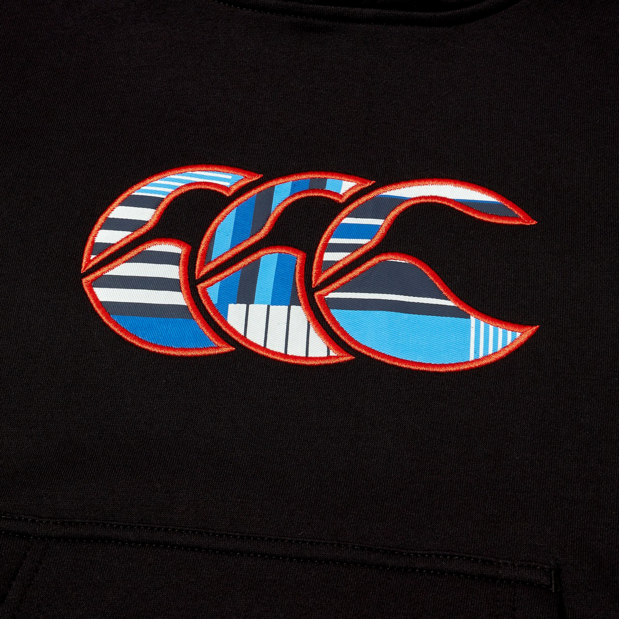 Three stylized "C" letters with a blue, white, and red plaid pattern and a bold red outline stand out on the black fabric background of the Canterbury Youth Uglies Logo Hoodie, capturing the iconic rugby style inspired by Canterbury's classic Uglies collection—a perfect design element for young rugby enthusiasts.