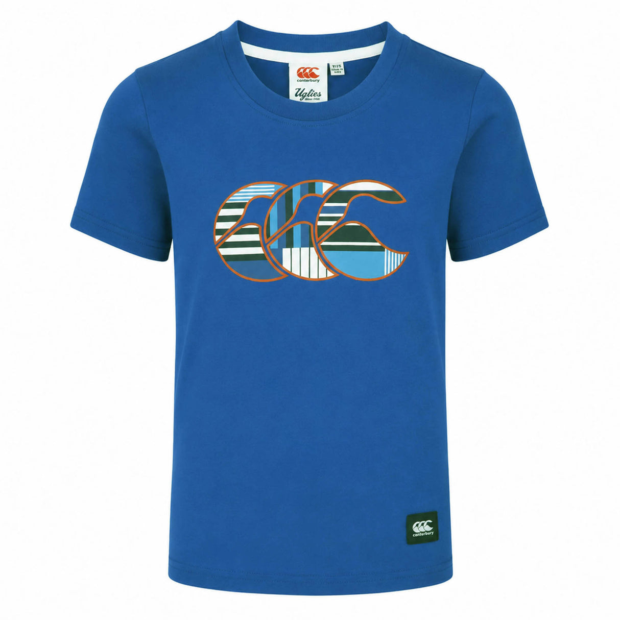The Youth Canterbury Uglies Logo T-shirt by Canterbury is a blue, short-sleeve rugby tee crafted from comfortable cotton, featuring a large patterned Canterbury logo on the chest and a small black logo tag near the hem.