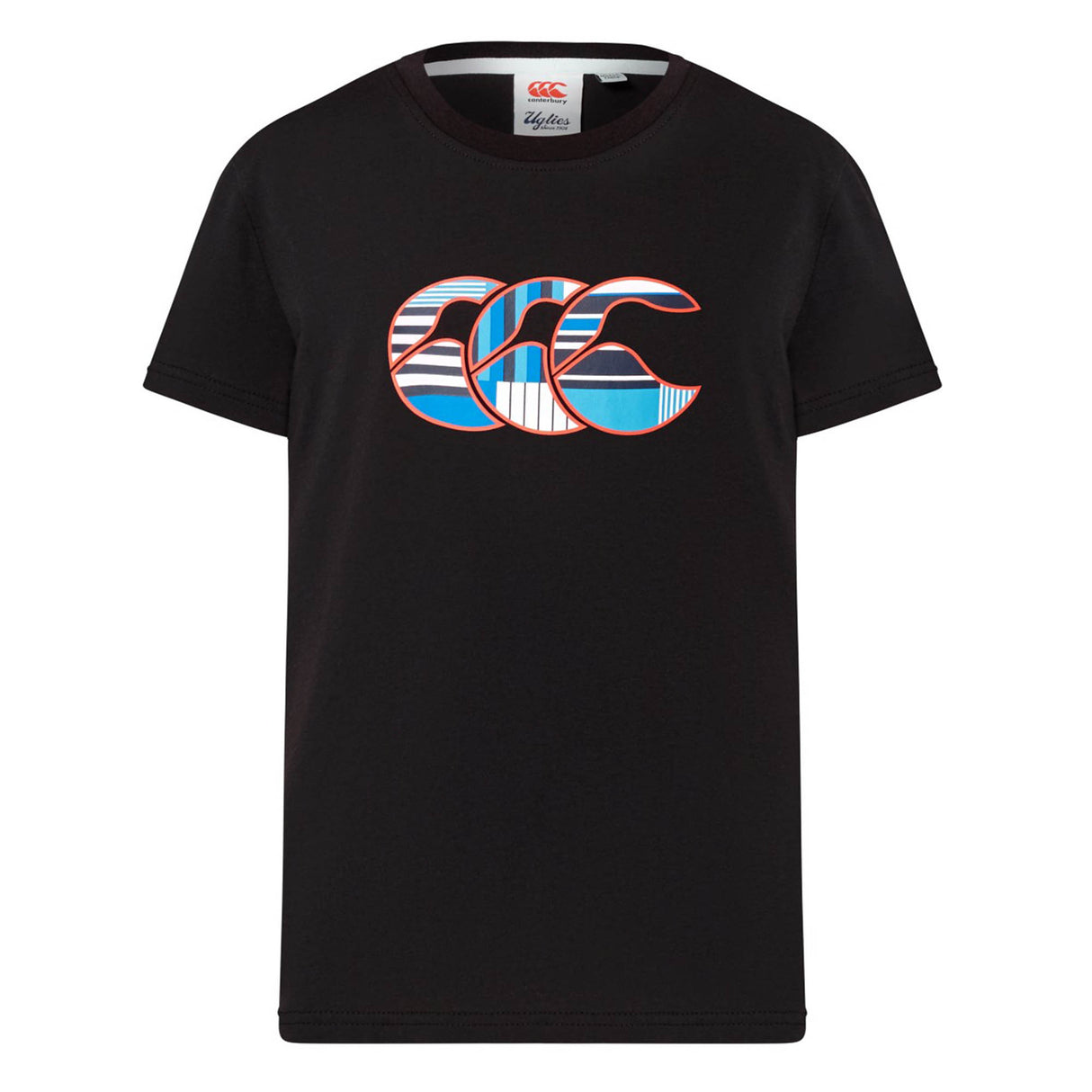 The Canterbury Youth Uglies Logo T-shirt is a black short-sleeve tee featuring a bold, stylized "CCC" logo with blue, white, and red patterns on the chest, inspired by the iconic Canterbury Uglies design—making it an ideal rugby t-shirt for active kids.