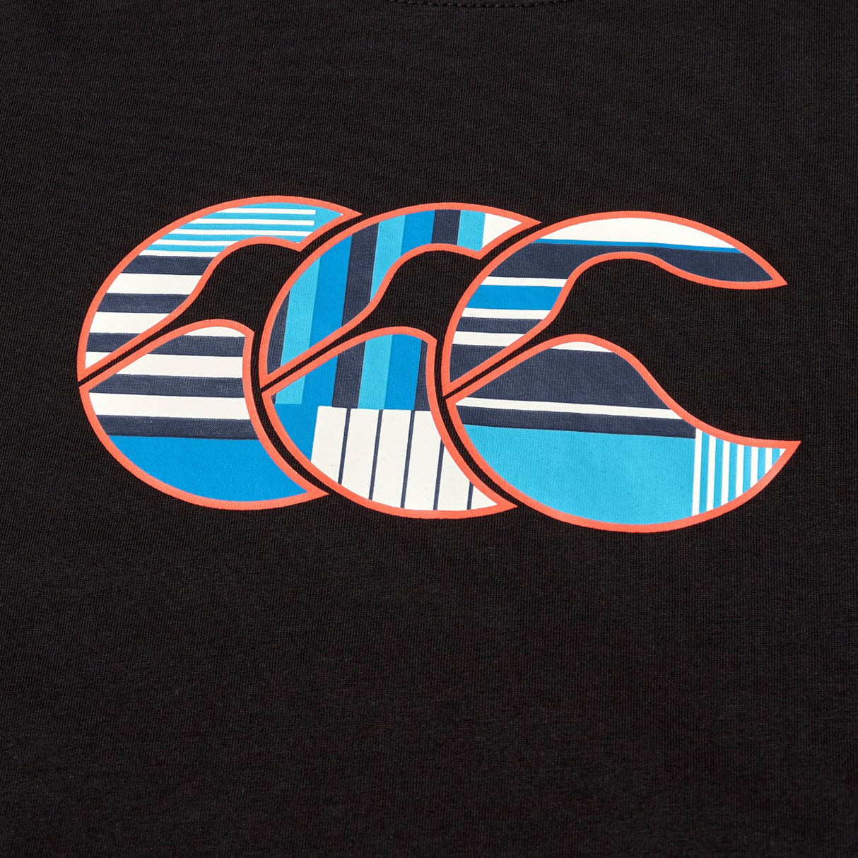 On a comfortable cotton Youth Canterbury Uglies Logo T-shirt by Canterbury, three stylized "C" shapes—each filled with blue, white, and navy stripes outlined in orange—overlap on a black background, creating a bold design inspired by the brand's iconic logo.