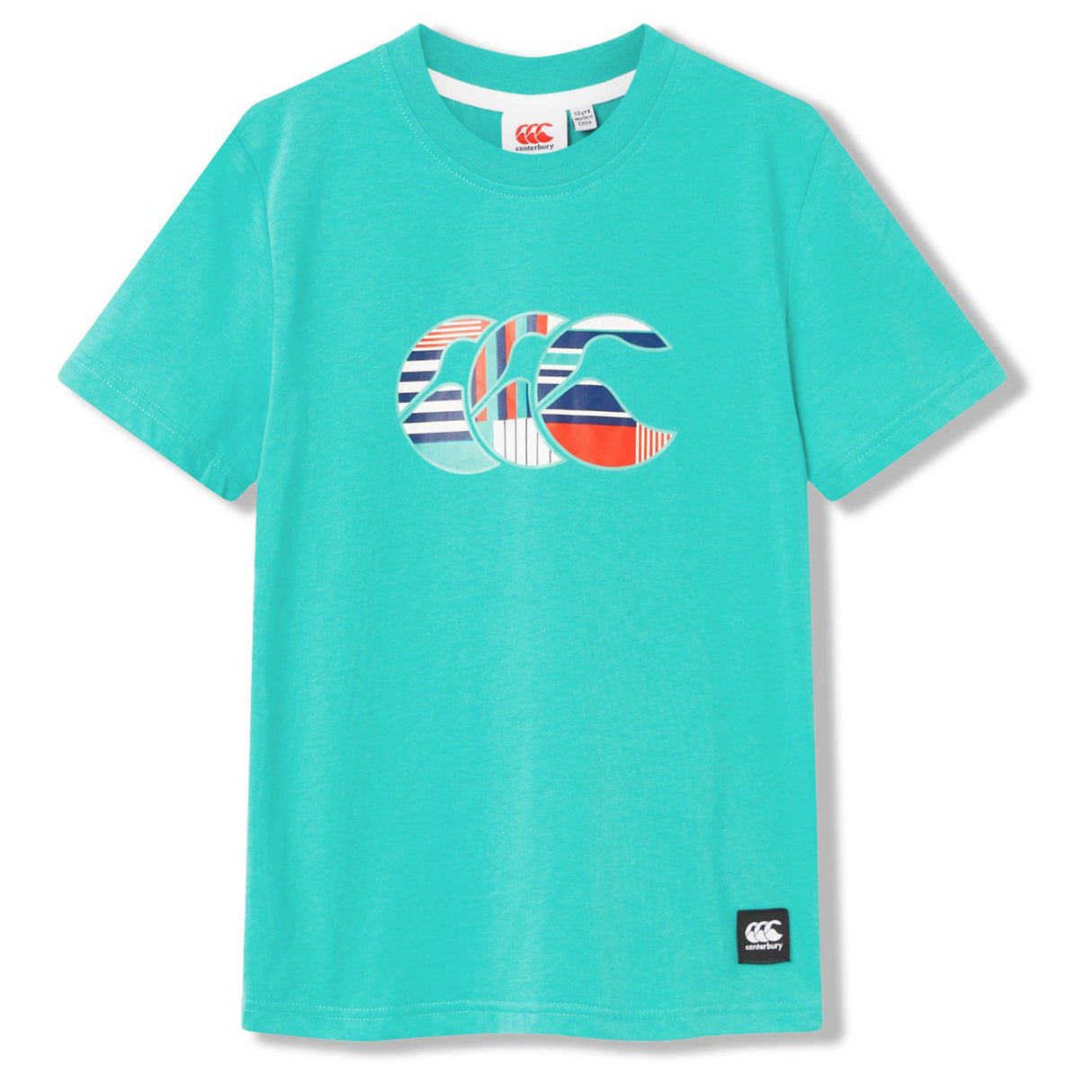 The Youth Canterbury Uglies Logo T-shirt by Canterbury is a turquoise short-sleeve kids tee, featuring a multicolored striped "CCC" logo on the chest and a small black Canterbury label near the hem, inspired by the playful style of the Canterbury Uglies collection.