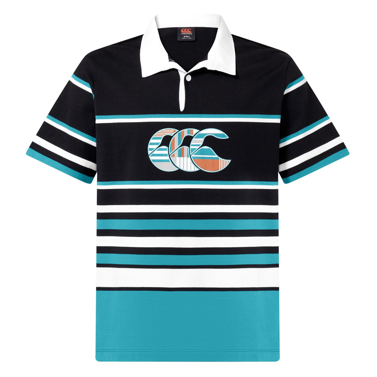 The Canterbury Uglies Short Sleeve Classic Rugby Jersey features black, white, turquoise, and teal stripes, a white collar, heavyweight cotton fabric, and a bold CCC logo on the chest.