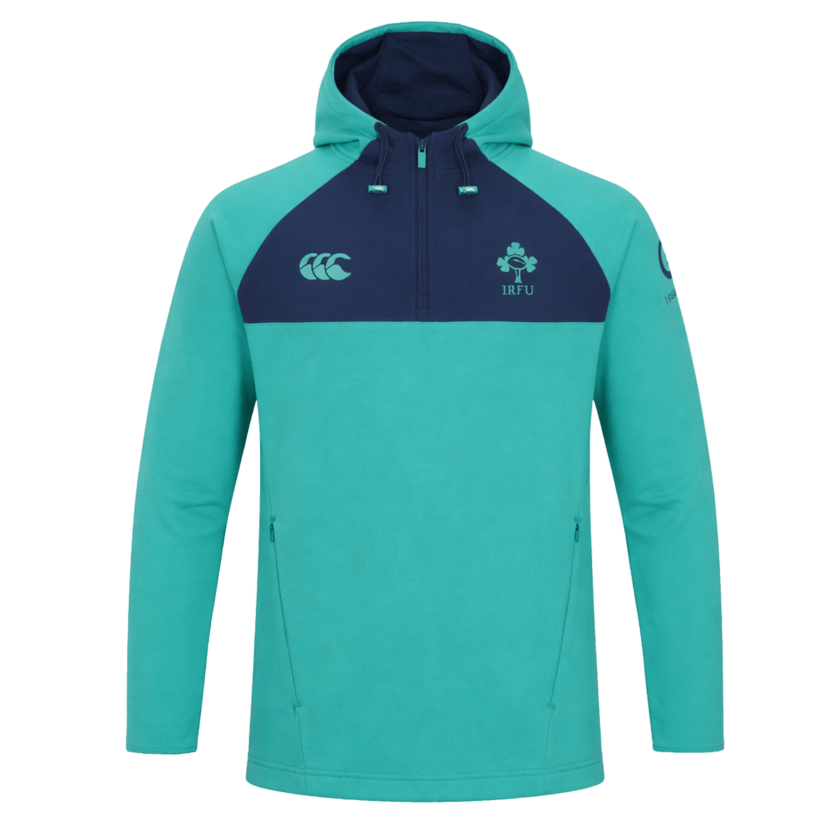 The Ireland 26/27 Summer Tour Training Hoodie by Canterbury features zippered pockets, the Canterbury logo, the IRFU crest, a sleeve logo, and moisture-wicking fabric to keep you comfortable and stylish.