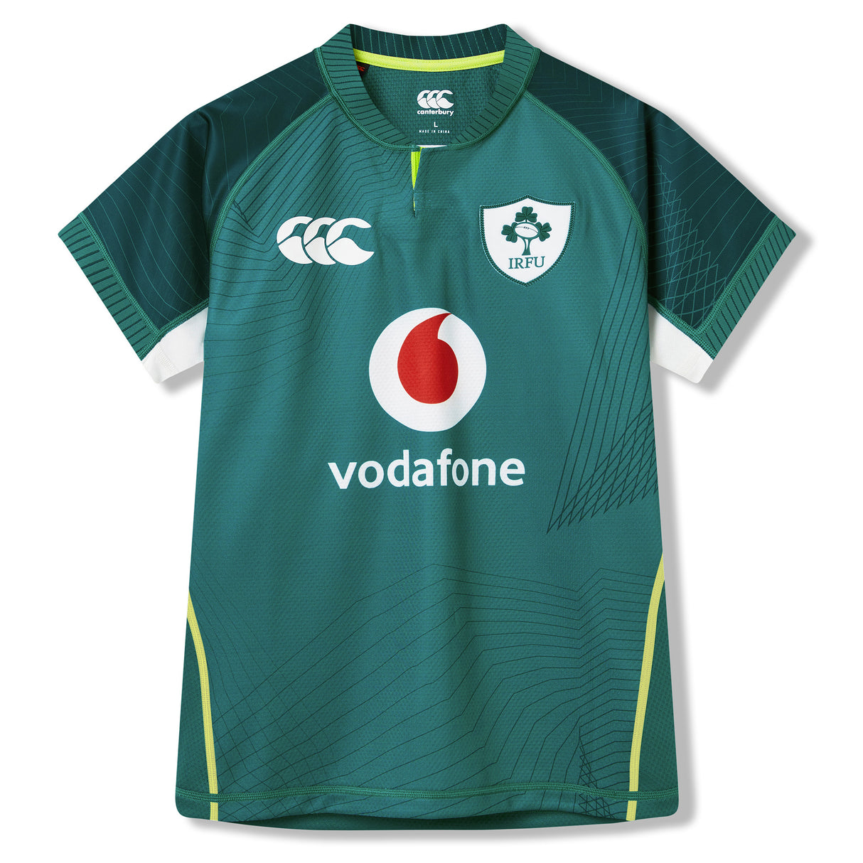 Ireland 26 Home Test Jersey by Canterbury—an authentic green short-sleeve rugby jersey featuring the Ireland badge, Vodafone sponsor logo, and distinctive white and yellow accents on the sleeves and sides.