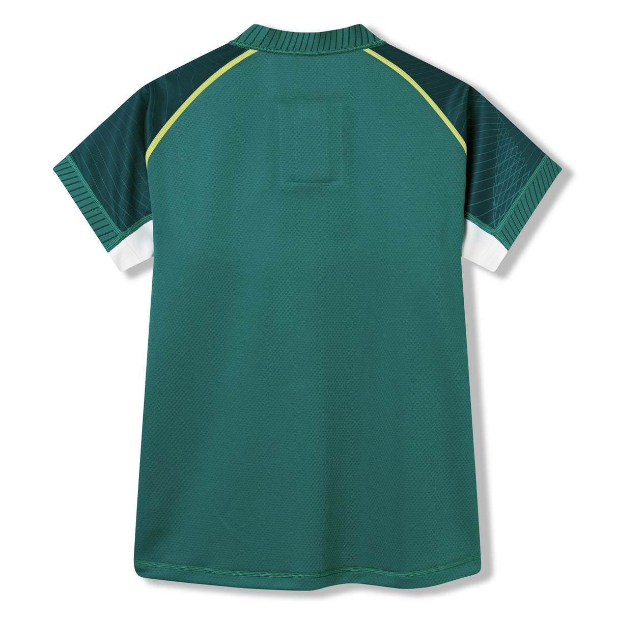 Back view of the Ireland 26 Home Test Jersey by Canterbury, a short-sleeved green rugby jersey featuring dark green and yellow accents on the sleeves and collar, with a white band on each sleeve, inspired by Canterbury’s classic Ireland Test Jersey design.
