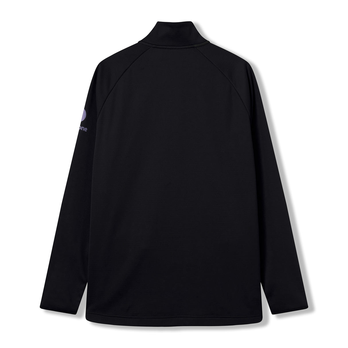 The Ireland 26 1/4 Zip Training Top by Canterbury is shown from the back, featuring long sleeves and a high collar. Its sleek black design has no visible markings except for a small purple Canterbury logo partially visible on the left sleeve, perfectly embodying modern Ireland rugby style while benefiting from Canterbury’s advanced Thermoreg technology.