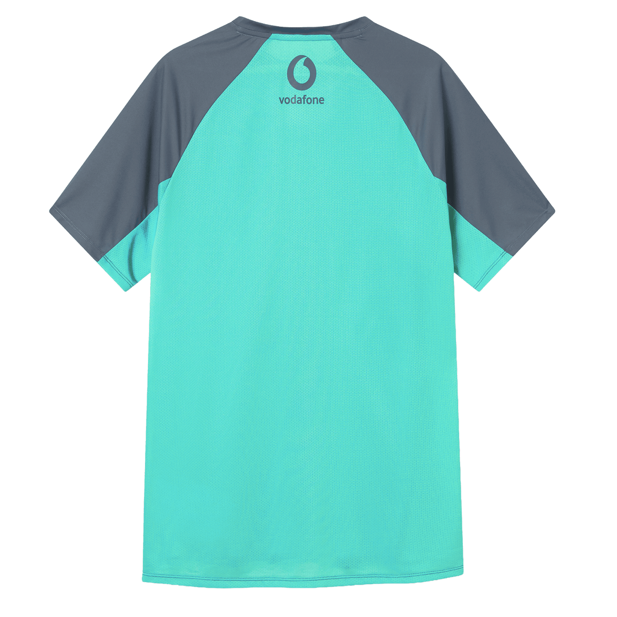 Back view of the Canterbury Ireland 26/27 Summer Tour Superlight Training Tee, a short-sleeved sports shirt in teal and dark gray, featuring a Vodafone logo near the collar.
