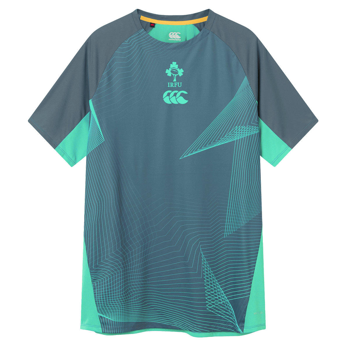 The Ireland 26/27 Summer Tour Superlight Training Tee by Canterbury features short sleeves, teal and gray geometric patterns, the IRFU crest, and the Canterbury Superlight logo on the chest.