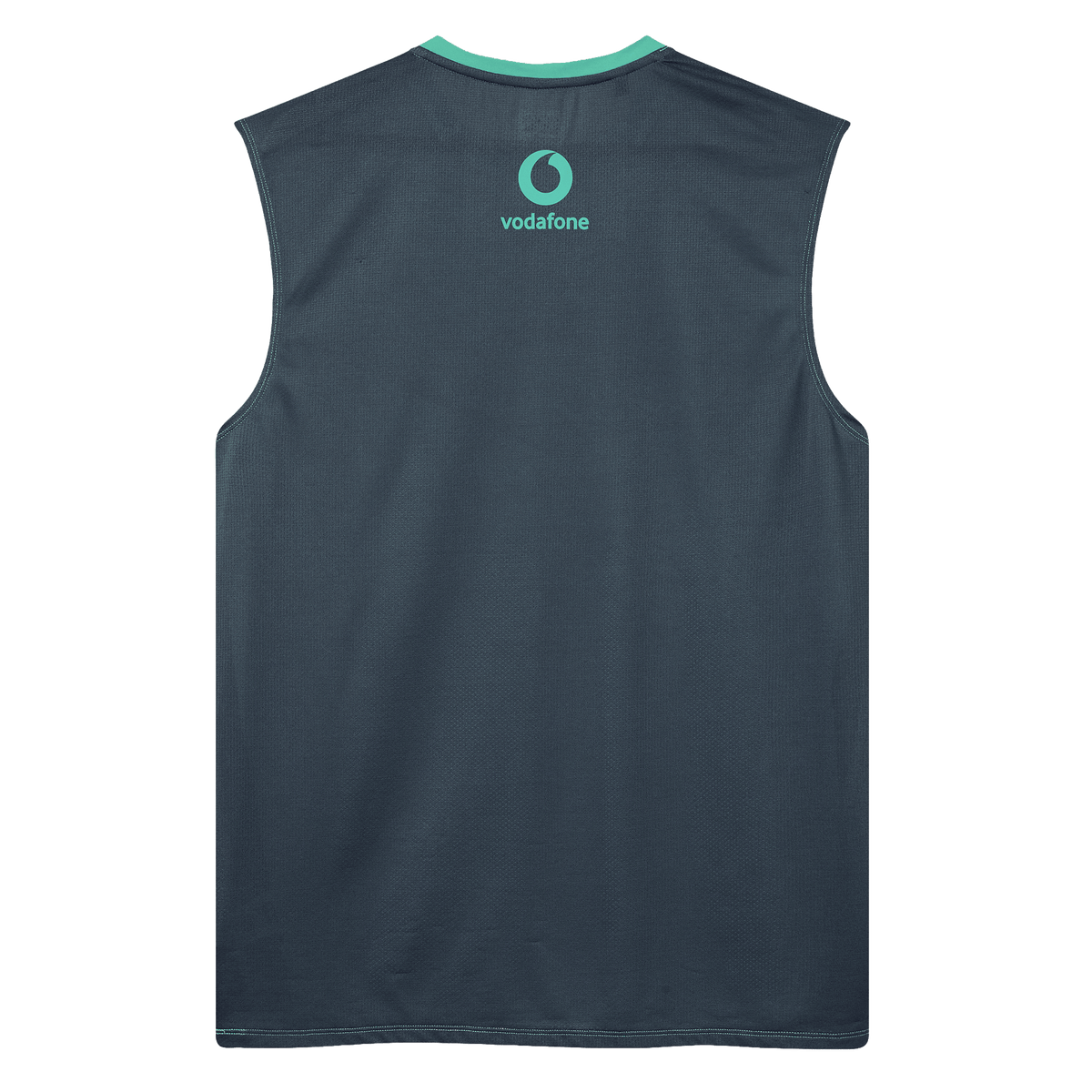 The Ireland 26/27 Summer Tour Superlight Training Tank by Canterbury is a sleeveless dark gray top, shown from the back, with a turquoise Vodafone logo near the neckline—ideal for Canterbury Ireland rugby fans.