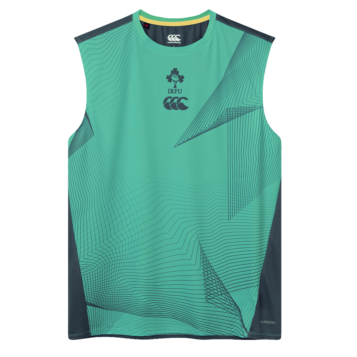 The Ireland 26/27 Summer Tour Superlight Training Tank by Canterbury is a sleeveless green top with geometric patterns, IRFU and Canterbury chest logos, plus dark side panels—ideal for Ireland rugby fans.