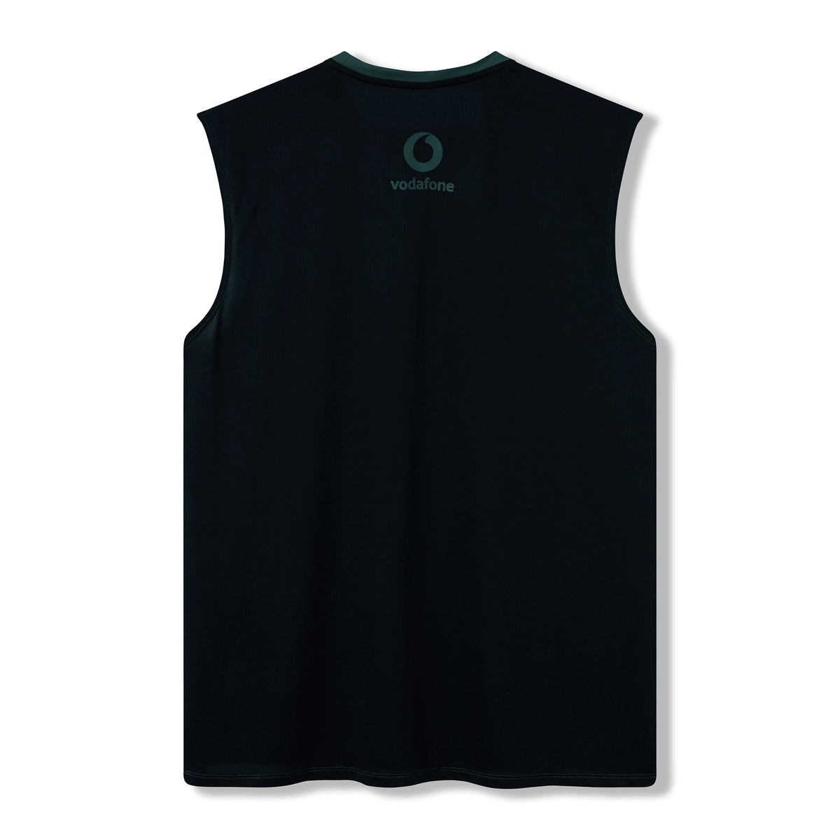 Sleeveless black Ireland 26 Training Tank by Canterbury AW26 shown from the back, featuring a small Vodafone logo near the upper center below the neckline.