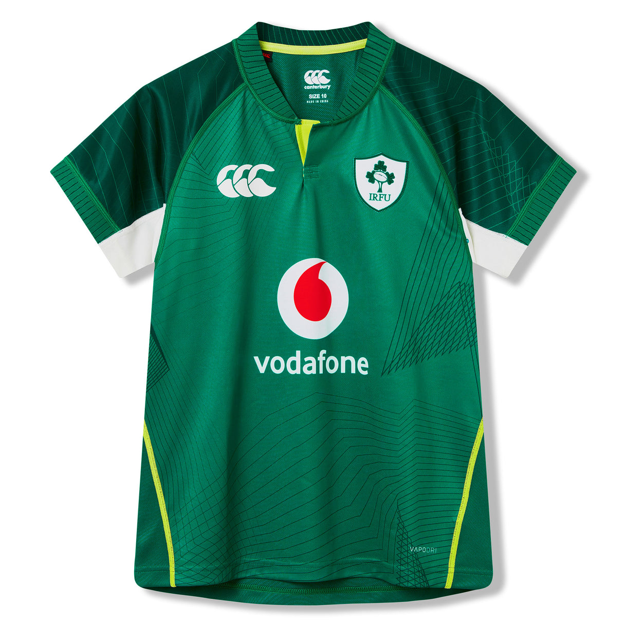 The Youth Ireland 26 Home Pro Jersey by Canterbury is an official rugby jersey for young fans, featuring a green design with white and yellow accents. The front displays the IRFU logo, Canterbury branding, and Vodafone sponsor, combining high-quality construction with authentic team details from Canterbury.