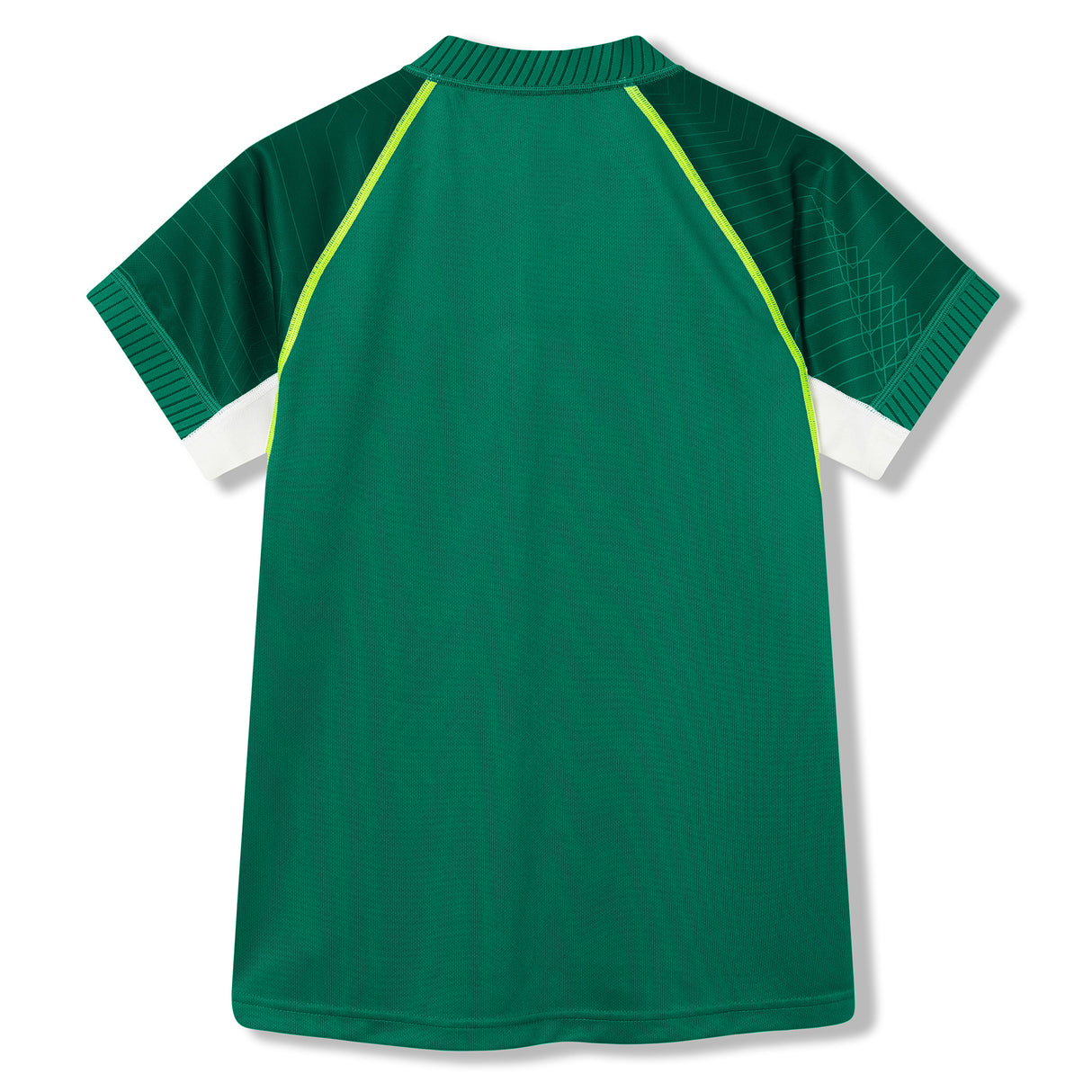 Youth Ireland 26 Home Pro Jersey by Canterbury—a green short-sleeve athletic shirt with dark green sleeves, white and yellow accents, and a ribbed collar—designed for young fans and shown from the back on a white background.