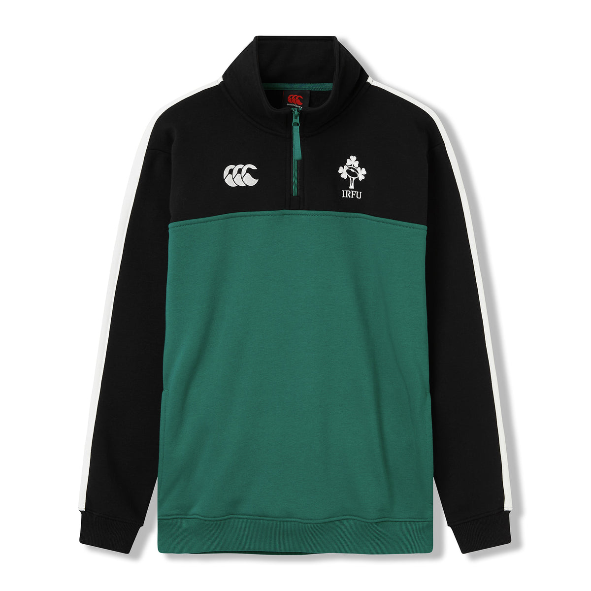The Women’s Ireland 26 Legends 1/4 Zip Sweatshirt by Canterbury features black sleeves, a green body, white stripes, and IRFU and Canterbury logos on the chest—making it an ideal choice for fans looking for stylish women’s rugby apparel.